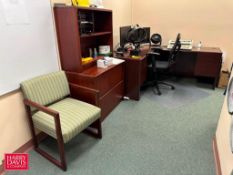 (2) L-Shaped Desk, Lateral File Cabinet, Typewriter, Chairs and Monitors - Rigging Fee: $350