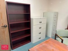 L-Shaped Desk, Bookcase, Lateral File Cabinet, 4-Drawer File Cabinet and Chair - Rigging Fee: $400