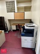 Desk with Drawers, Bookcase, Cabinet, (4) Filing Cabinets, Vacuum, (2) Chairs, Cork Board, Safety