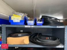 Belts, Sprockets, Contactors, Heat Coil, Pipe Clamps, Conveyor Parts, Filters and (5) Shelves