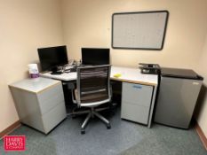 L-Shaped Desk, Refrigerator, Chairs, Bookcase, Monitors and Keyboards - Rigging Fee: $300