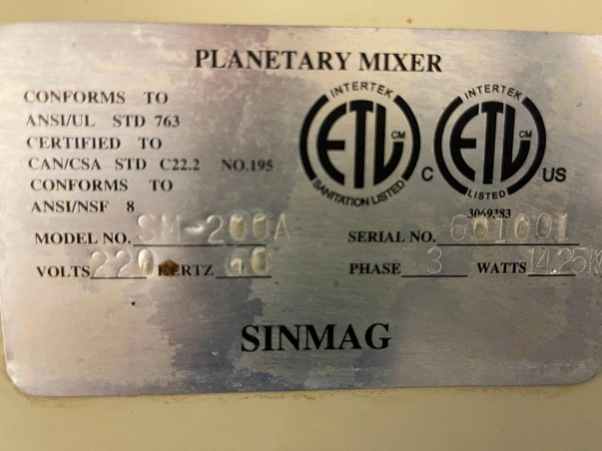2021 Sinmag 200 Quart Planetary Mixer, Model: SM-200A, S/N: 601001 - Rigging Fee: $1,000 - Image 2 of 2