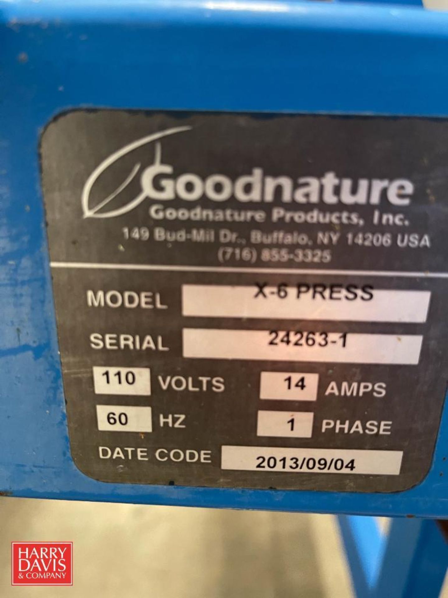 Goodnature X-6 Press, Model: X6Press, S/N: 24263-1, with EG260 Grinder, S/N: 24263-2, Mounted - Image 3 of 4