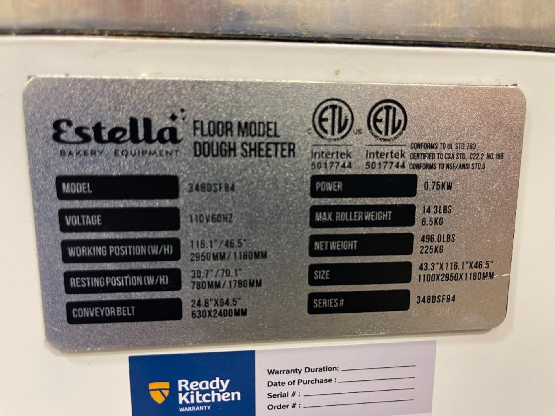 Estella Reversible Dough Sheeter, Model: 348DSF94 94", S/N: 032200074 - Rigging Fee: $200 - Image 2 of 2
