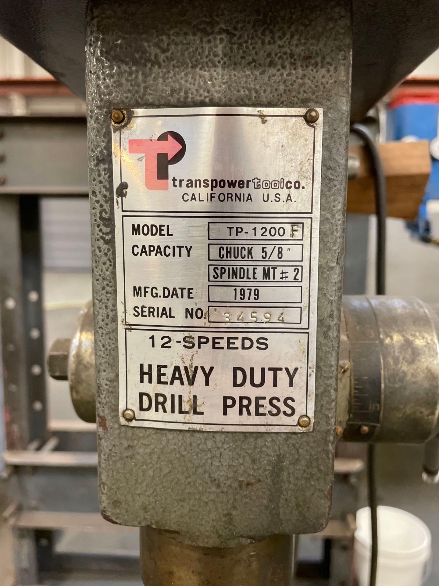 Transpower Tool Co. Heavy Duty Drill Press, Model TP-1200F - Image 3 of 7