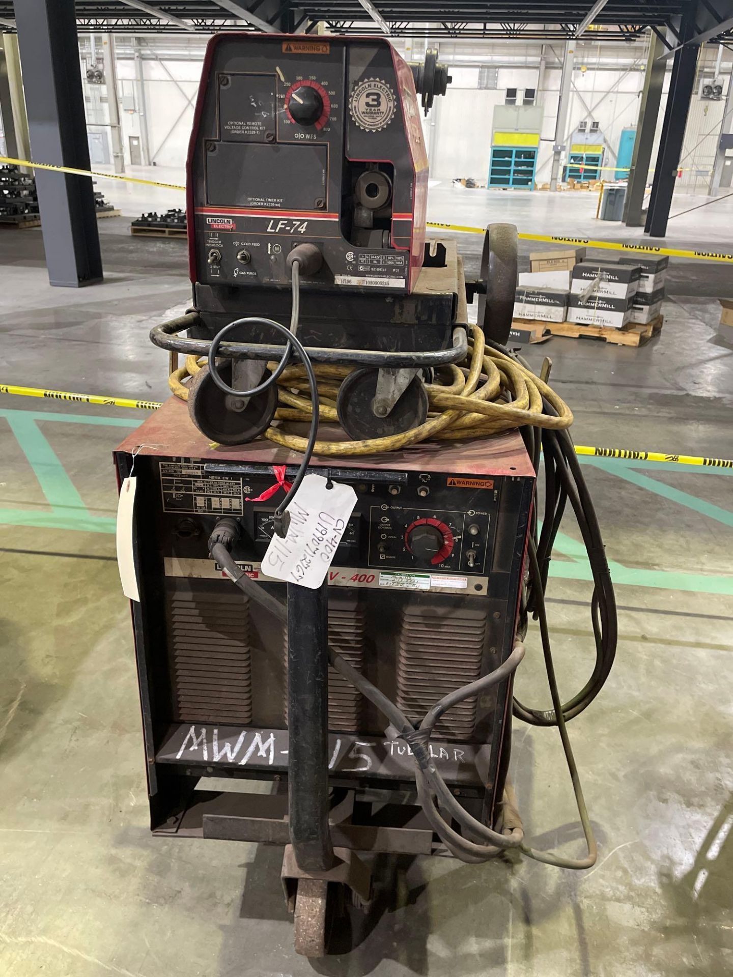 Lincoln Electric CV 400 Welding Power Source with Lincoln Electric LF-74 Wire Feeder, on Cart