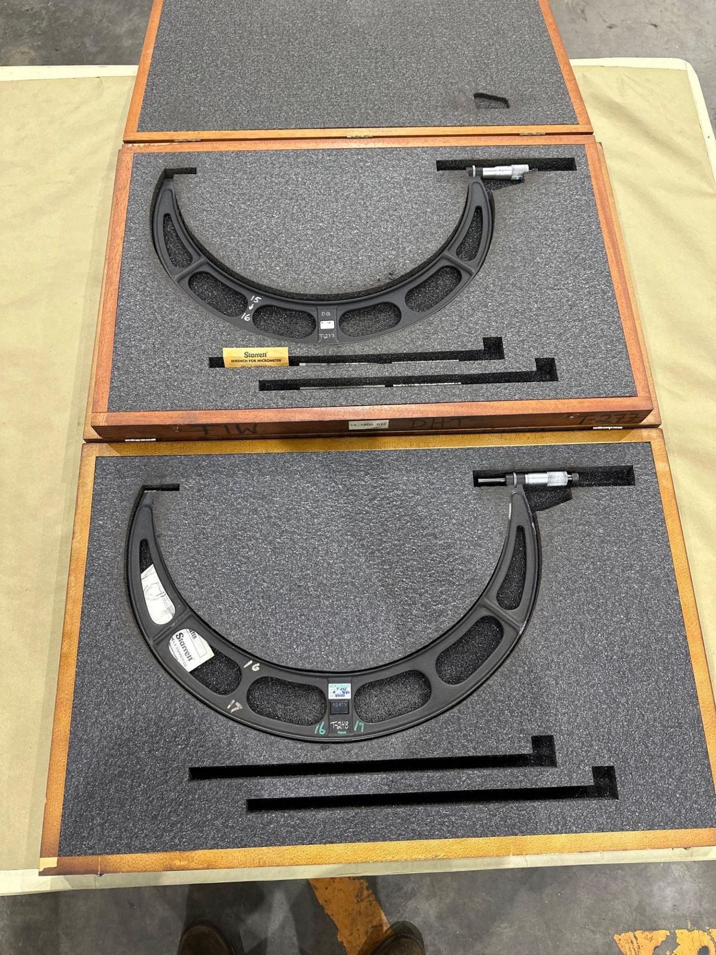 Lot of 2: Starrett OD Micrometers, 15–16”, 16–17” Range, in wood case. See Photo.