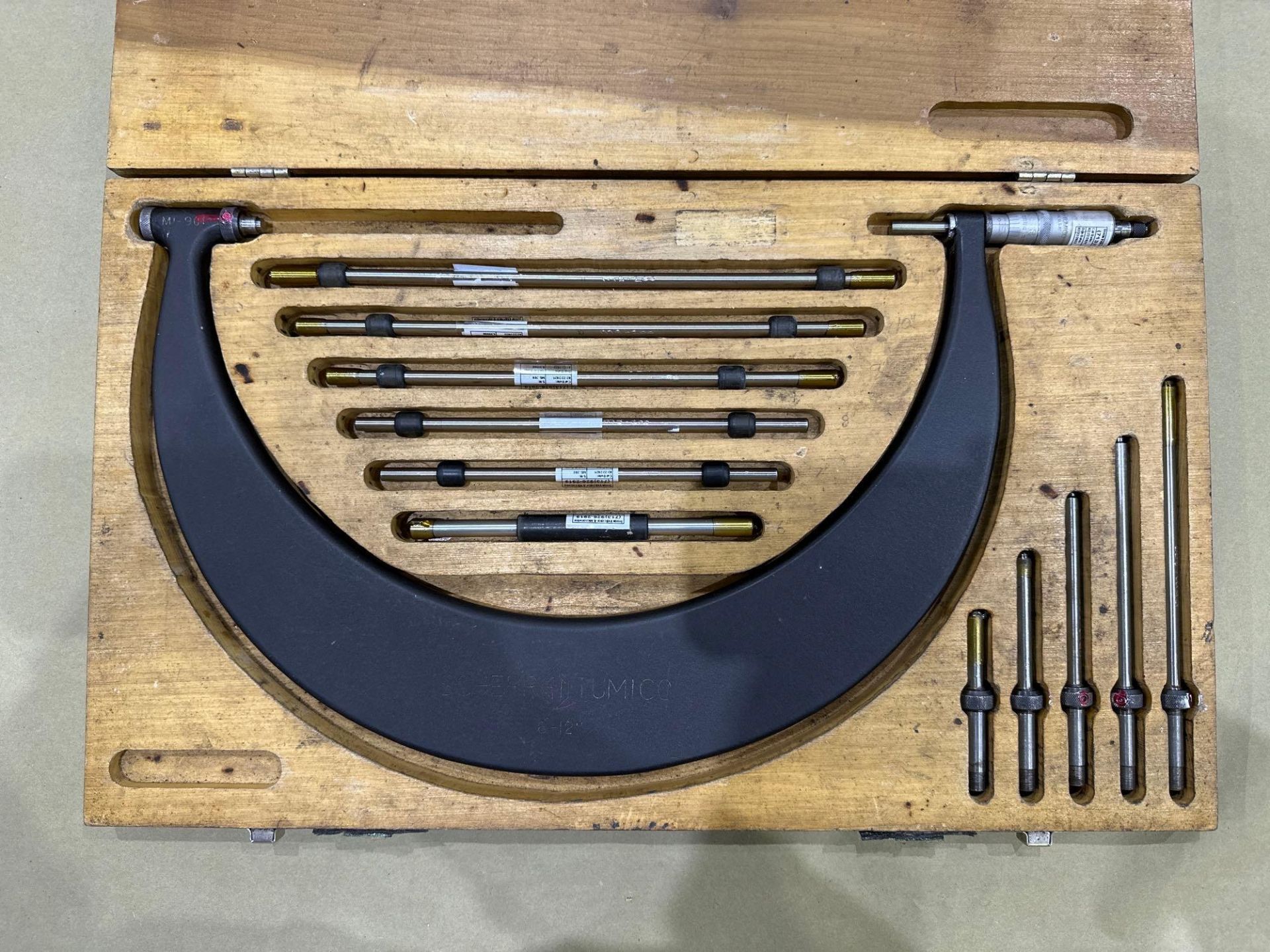 Scherr-Tumico OD Micrometer 6" - 12" Range with interchangeable anvils in wood case