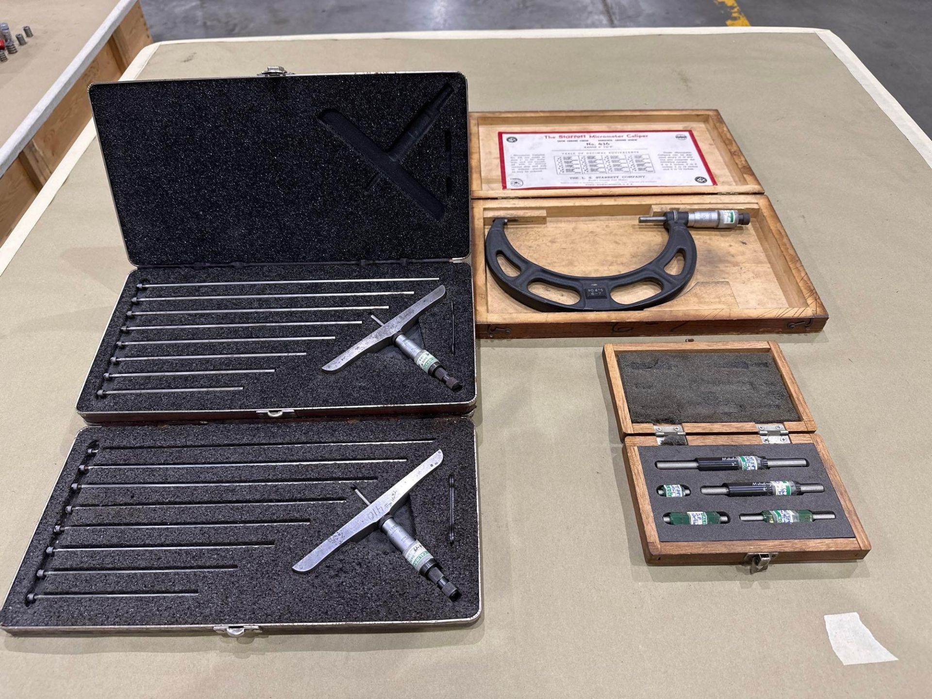 Lot of 4 Assorted Starrett and Mitutoyo Micrometers: Depth, OD, Standard Sets. See Detail