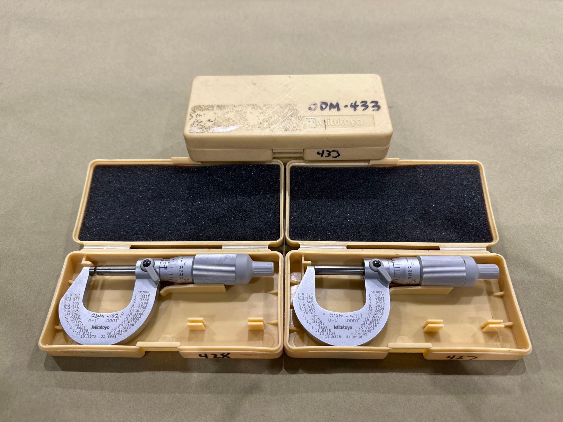 Lot of 4: Mitutoyo Mechanical OD Micrometer M227-1”, 0-1” Range, .0001” Graduation, in plastic box