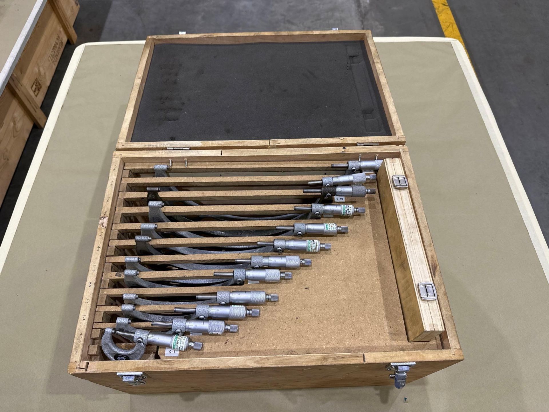 STM Mechanical OD Micrometer Set,  0–12” Range, 0.0001”  in wood box. See Photo.