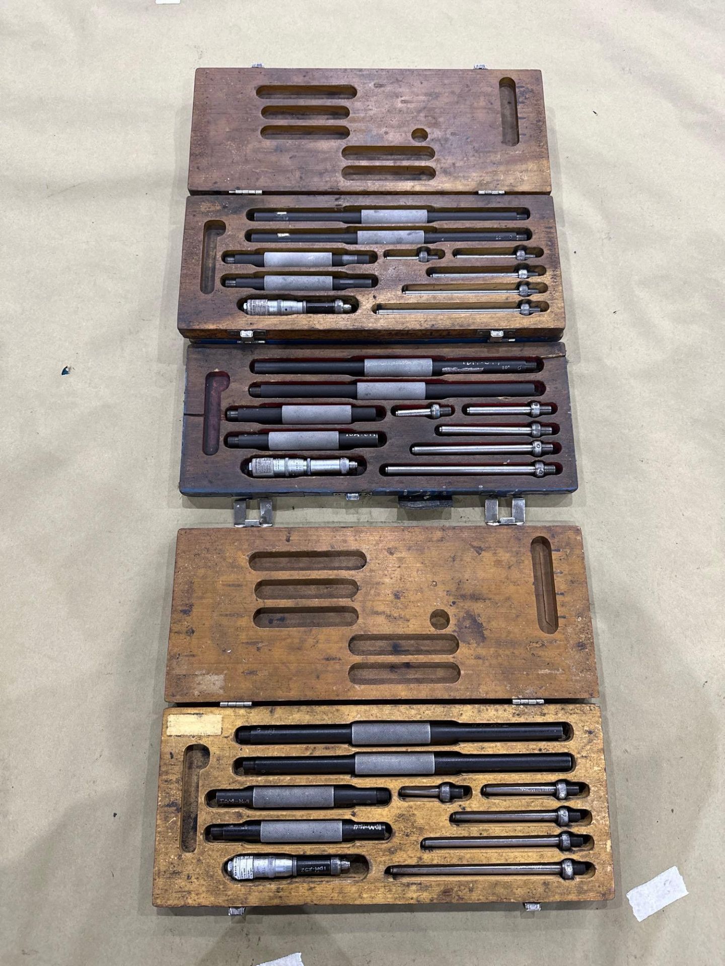 Lot of 3 Scherr-Tumico Inside Tube Micrometer Sets in wood case. See Photo.