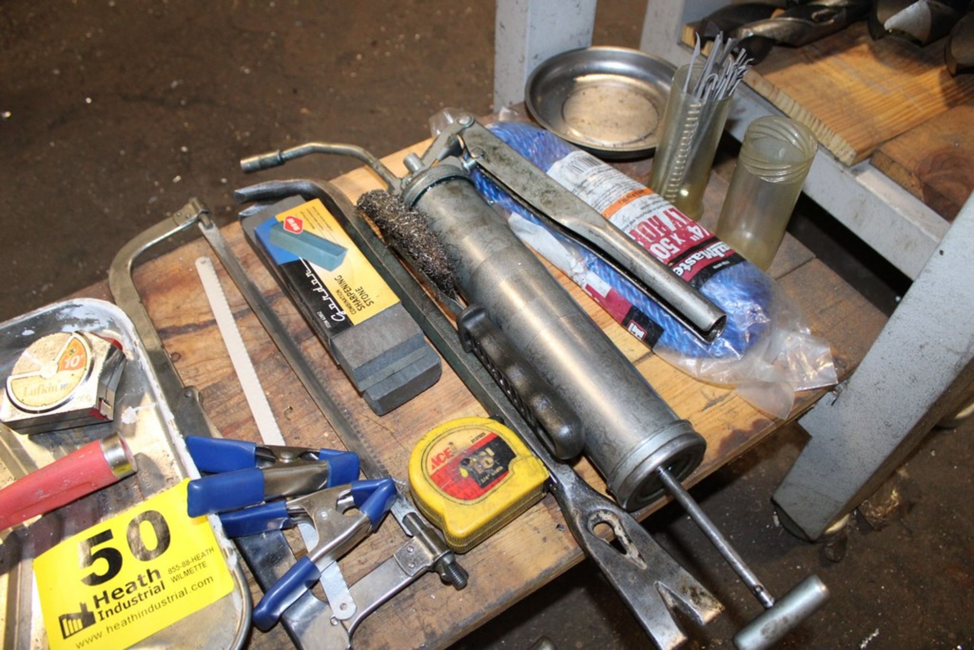 GREASE GUN, HACK SAW, PRY BAR, PAINT SUPPLIES & MISC. UNDER BENCH - Image 2 of 3