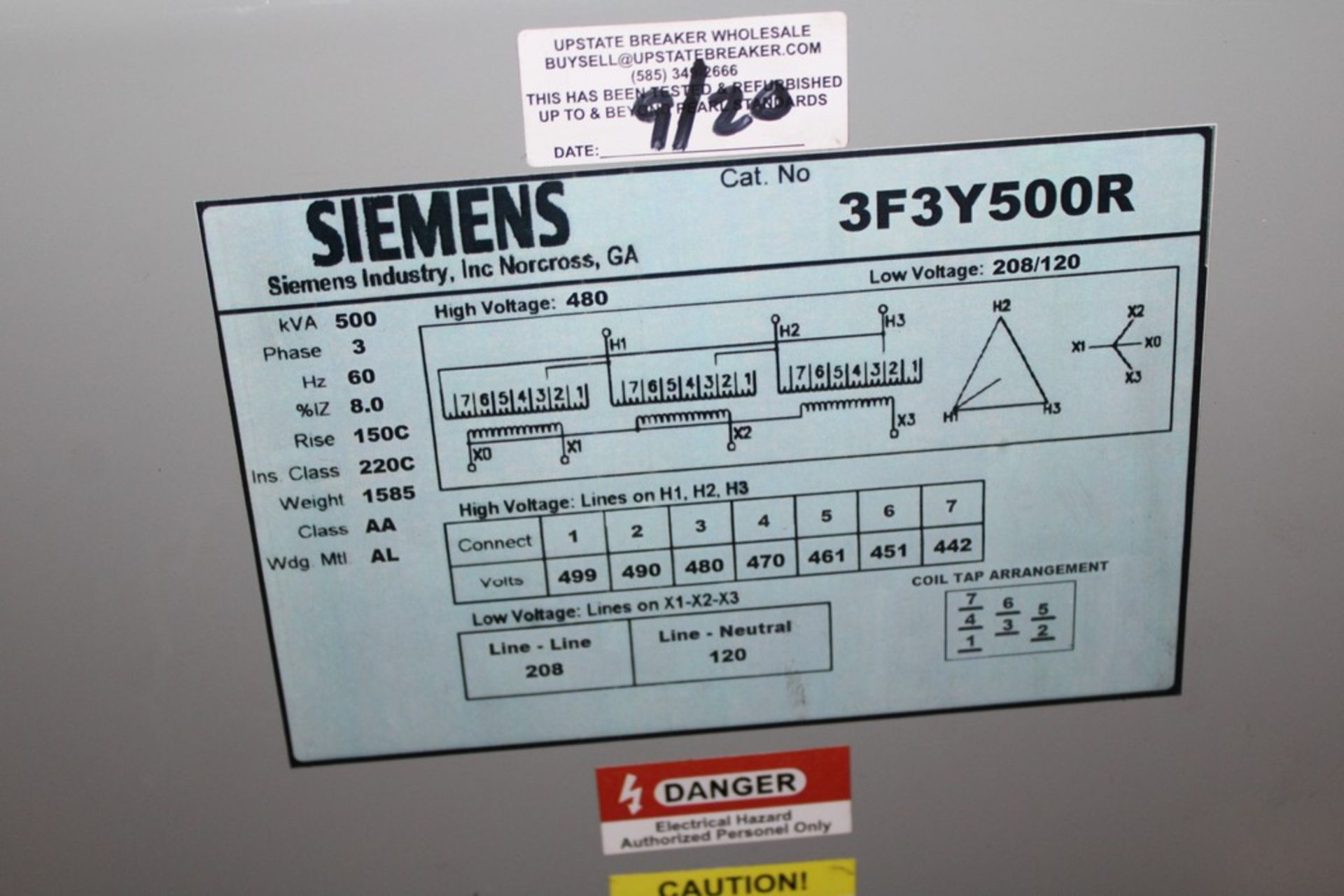 SIEMENS CAT NO. 3F3Y500R TRANSFORMER, KVA 500, 3-PHASE, 60 HZZ, HIGH VOLTAGE 480, LOW VOLTAGE 208/ - Image 2 of 2