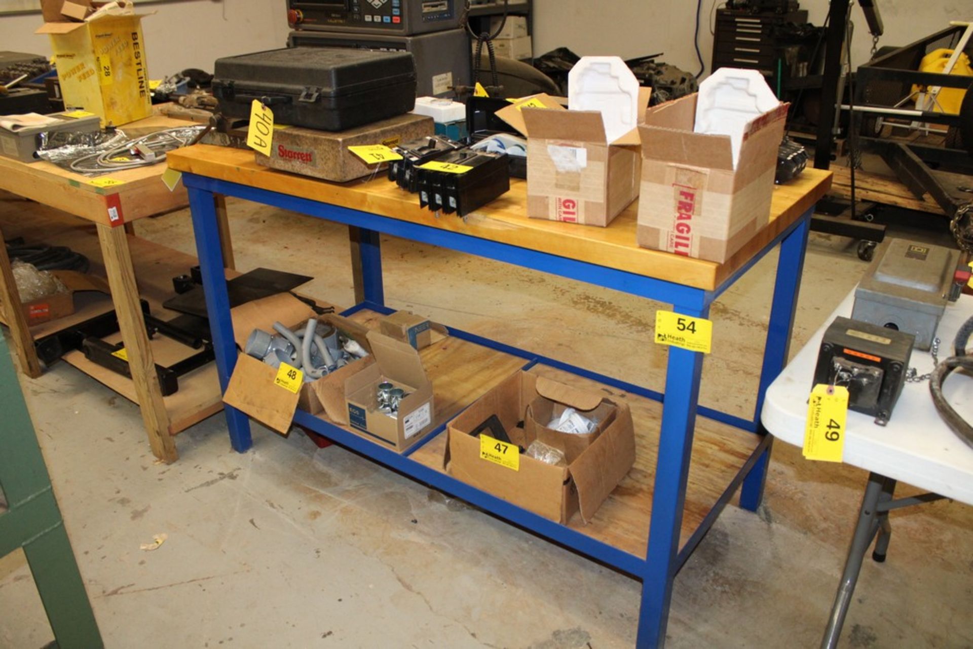 STEEL SHOP TABLE WITH BUTCHER BLOCK TOP, 60" X 30" X 38"