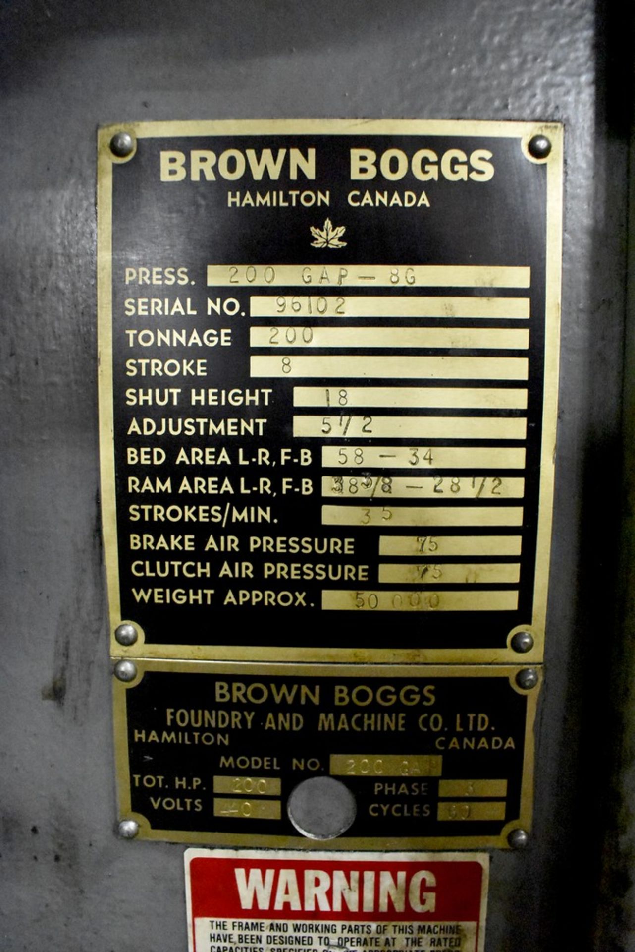 Brown & Boggs Model GAP200-8G Back Geared Gap Frame Punch Press, 200 Ton - 8" Stroke - 34" x 58" Bed - Image 14 of 15