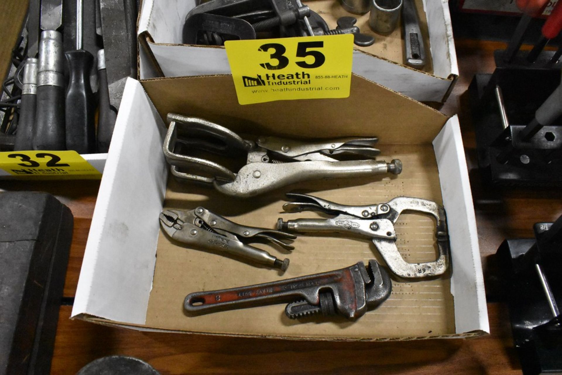 (3) VISE GRIPS, (1) RIDGID PIPE WRENCH IN BOX