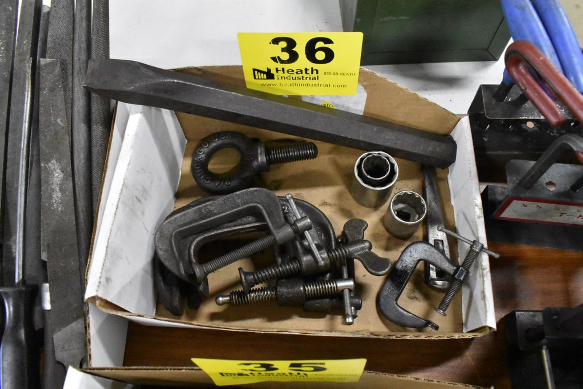 ASSORTED C-CLAMPS, CHISEL, EYE BOLT, ETC. IN BOX