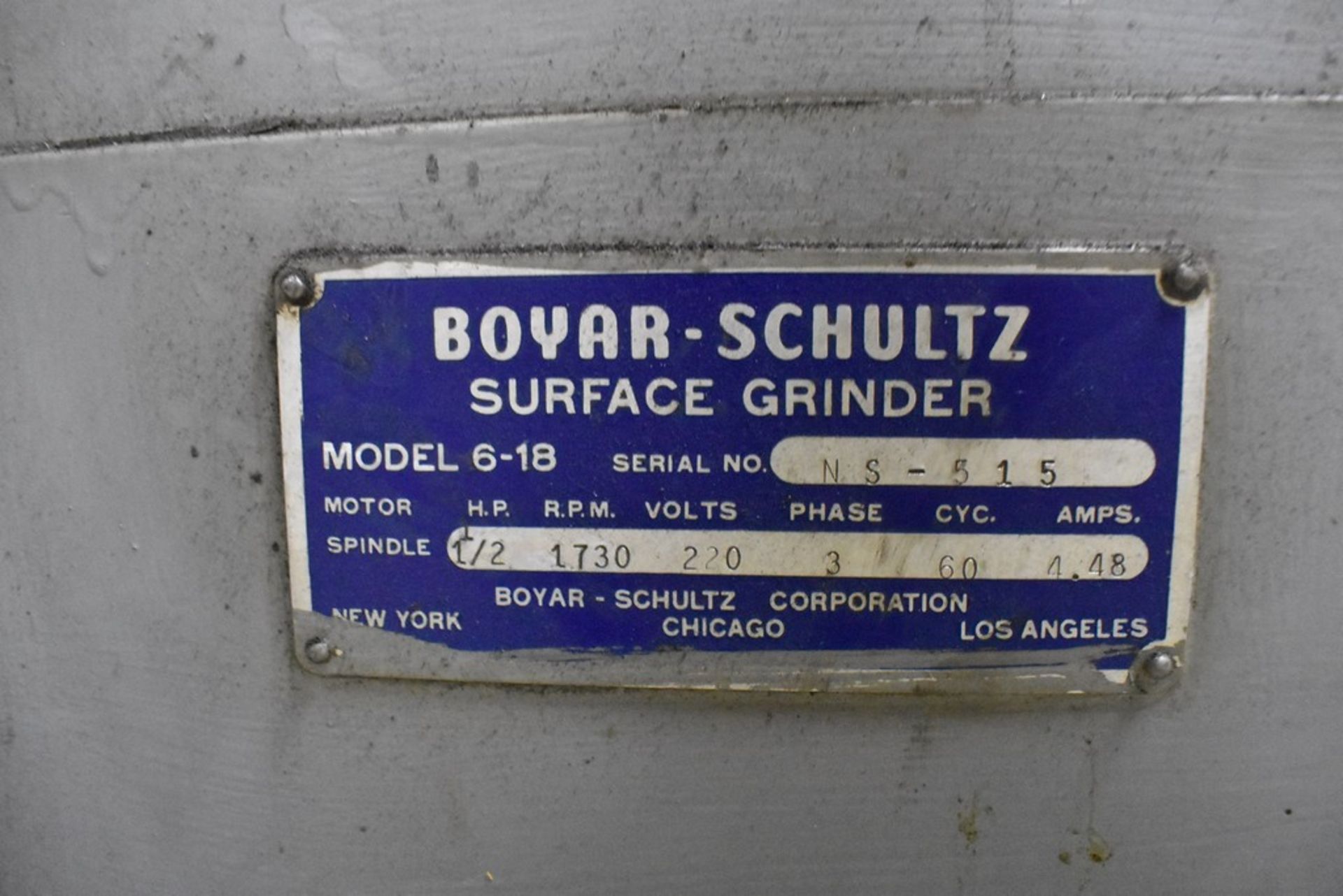 BOYAR SCHULTZ NO. 6-18 HAND FEED SURFACE GRINDER S/N NS-515 WITH 6" X 12" CHUCK MOUNTED ON 6" X - Image 5 of 5