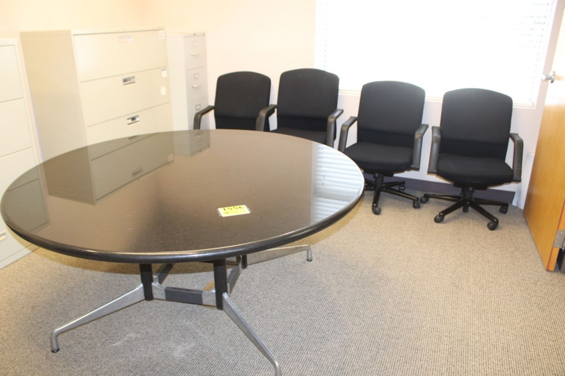ROUND CONFERENCE TABLE, 66", WITH (4) CLOTH ARMCHAIRS WITH CASTERS