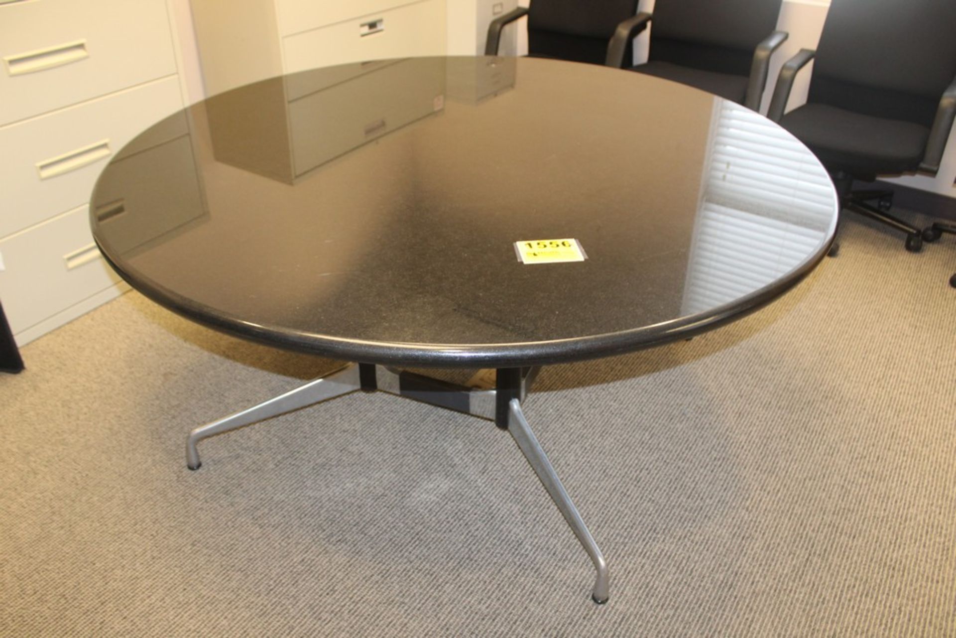 ROUND CONFERENCE TABLE, 66", WITH (4) CLOTH ARMCHAIRS WITH CASTERS - Image 2 of 3