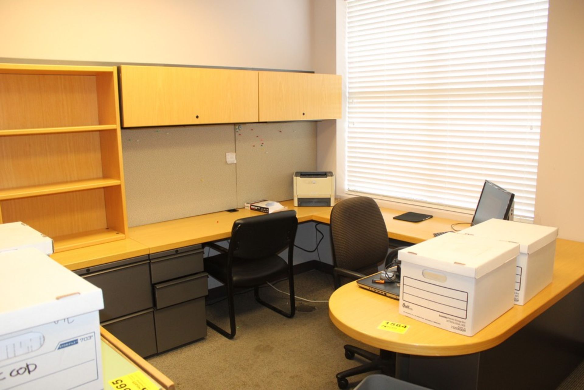 OFFICE FURNITURE, U-SHAPED DESK, 75" X 100" FOOTPRINT, WITH (2) TWO DRAWER LATERAL FILE CABINETS AND