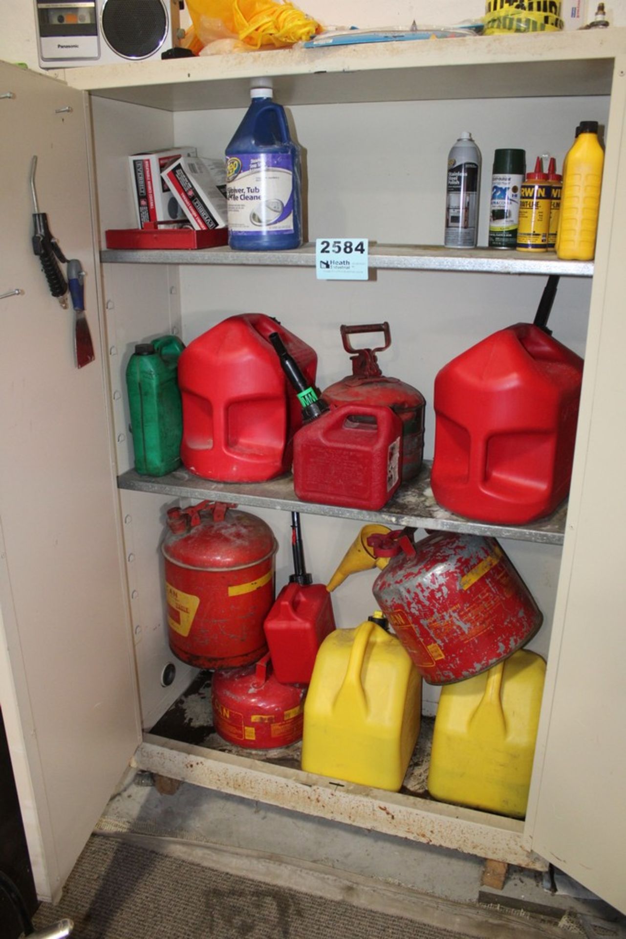 GAS CANS, OIL, CLEANER AND MISC. ITEMS IN CABINET