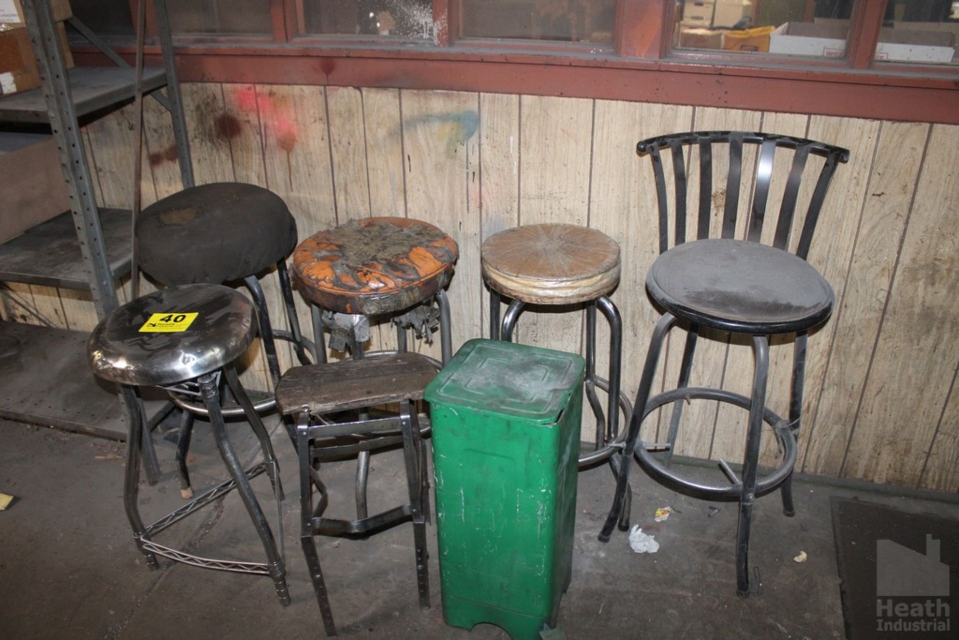 ASSORTED SHOP STOOLS AND TRASH CAN