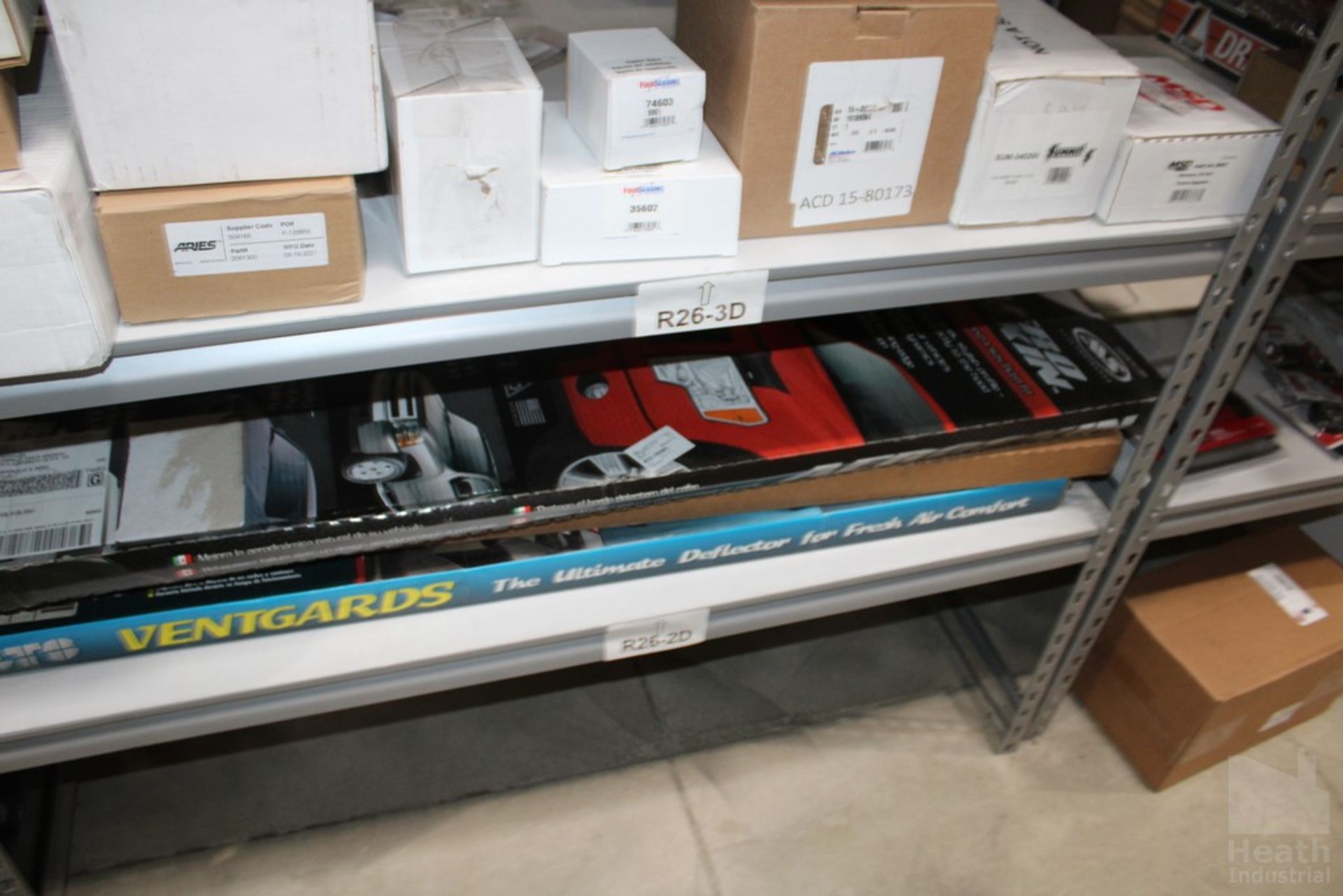 PARTS ON FIVE SHELVES INCLUDING, AERO SKIN, DEFLECTORS, 1966-1967 CHEVY PANEL BUMPERS, MOLDING - Image 5 of 5