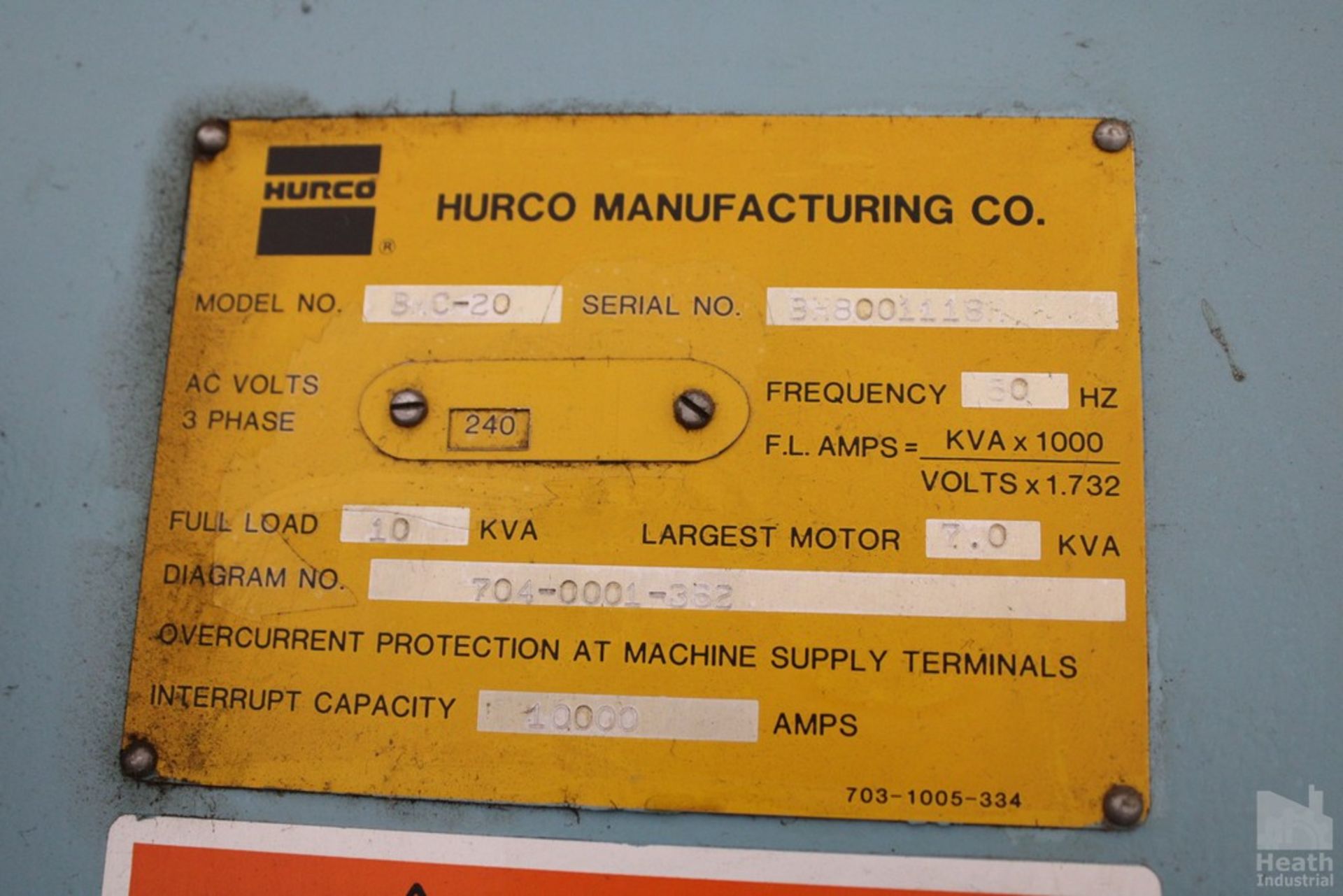HURCO MODEL BMC-20 VERTICAL MACHINING CENTER, S/N BH8001118H, 13-1/2" X 30" TABLE, 13-1/2" X 30" - Image 6 of 7