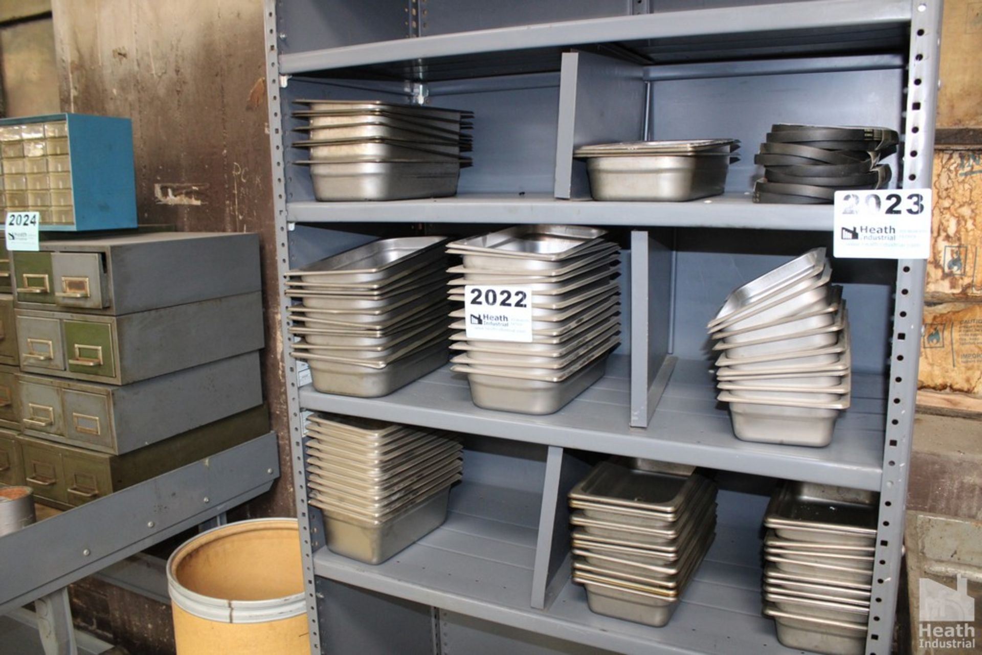 ASSORTED STAINLESS PARTS TRAYS ON SHELVING UNIT