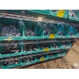 LARGE QUANTITY OF PIPE HANGERS AND LAG SCREWS ON SHELF (NO GREEN BINS, CONTENTS ONLY)