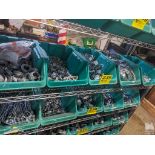 ASSORTED PIPE HANGERS AND CAPS ON SHELF (NO GREEN BINS, CONTENTS ONLY)