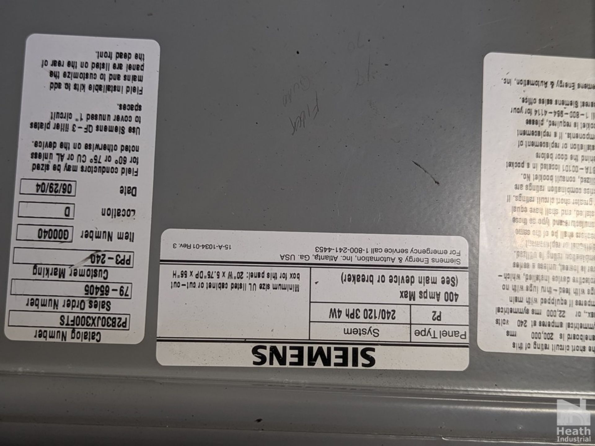 SIEMENS P2B30JX3000FTS 240/120 3 PHASE 4W ELECTRIC PANEL - Image 2 of 3