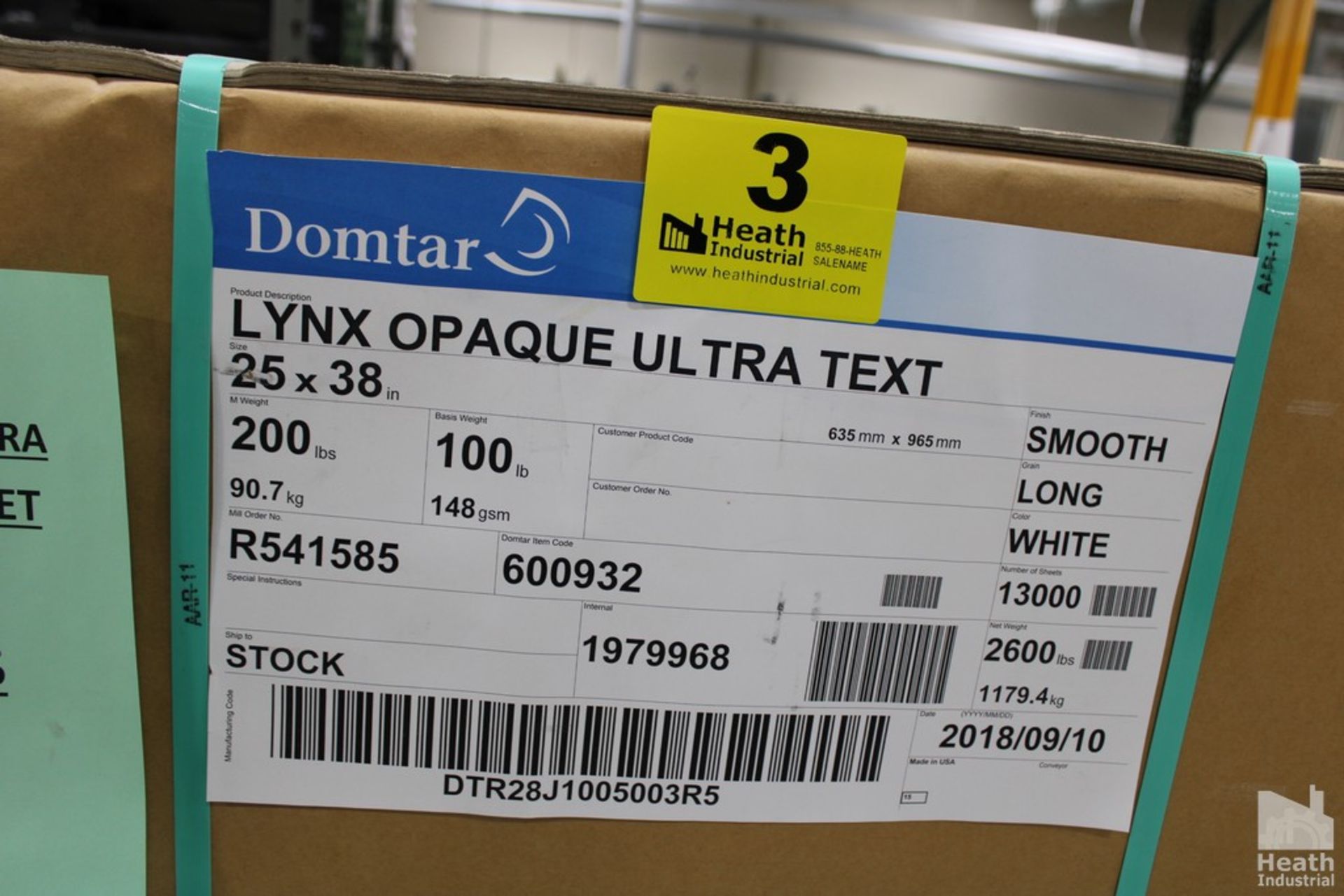 (1) SKID DOMTAR 25" X 38" LYNX OPAQUE ULTRA TEXT PAPER 13,000 SHEETS (SEALED) - Image 2 of 2