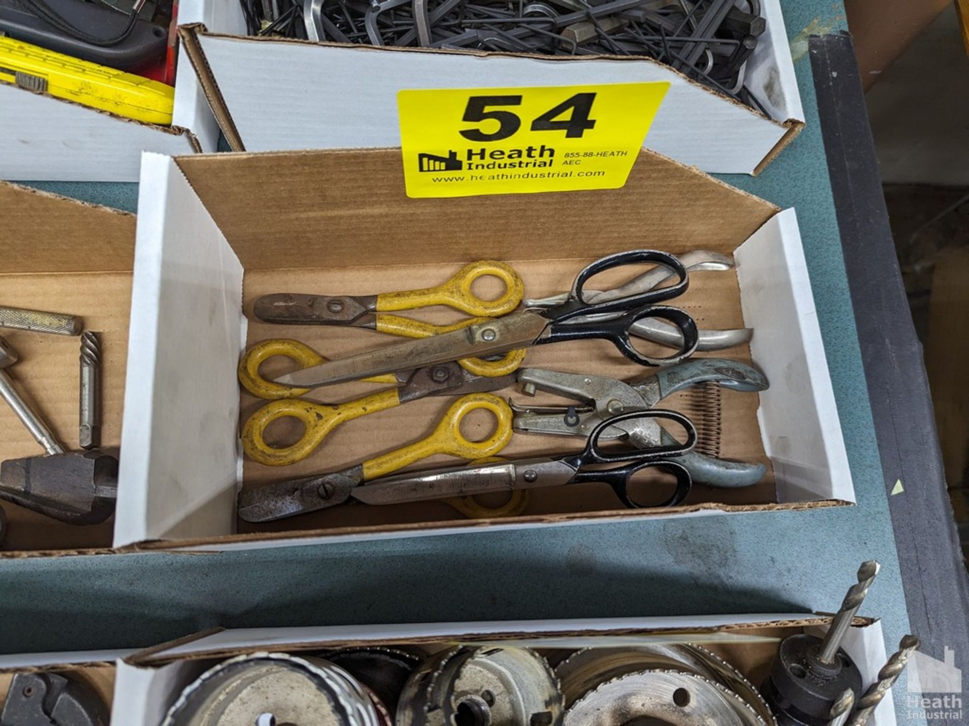 ASSORTED SHEARS, SCISSORS AND HOLE PUNCHES IN BOX