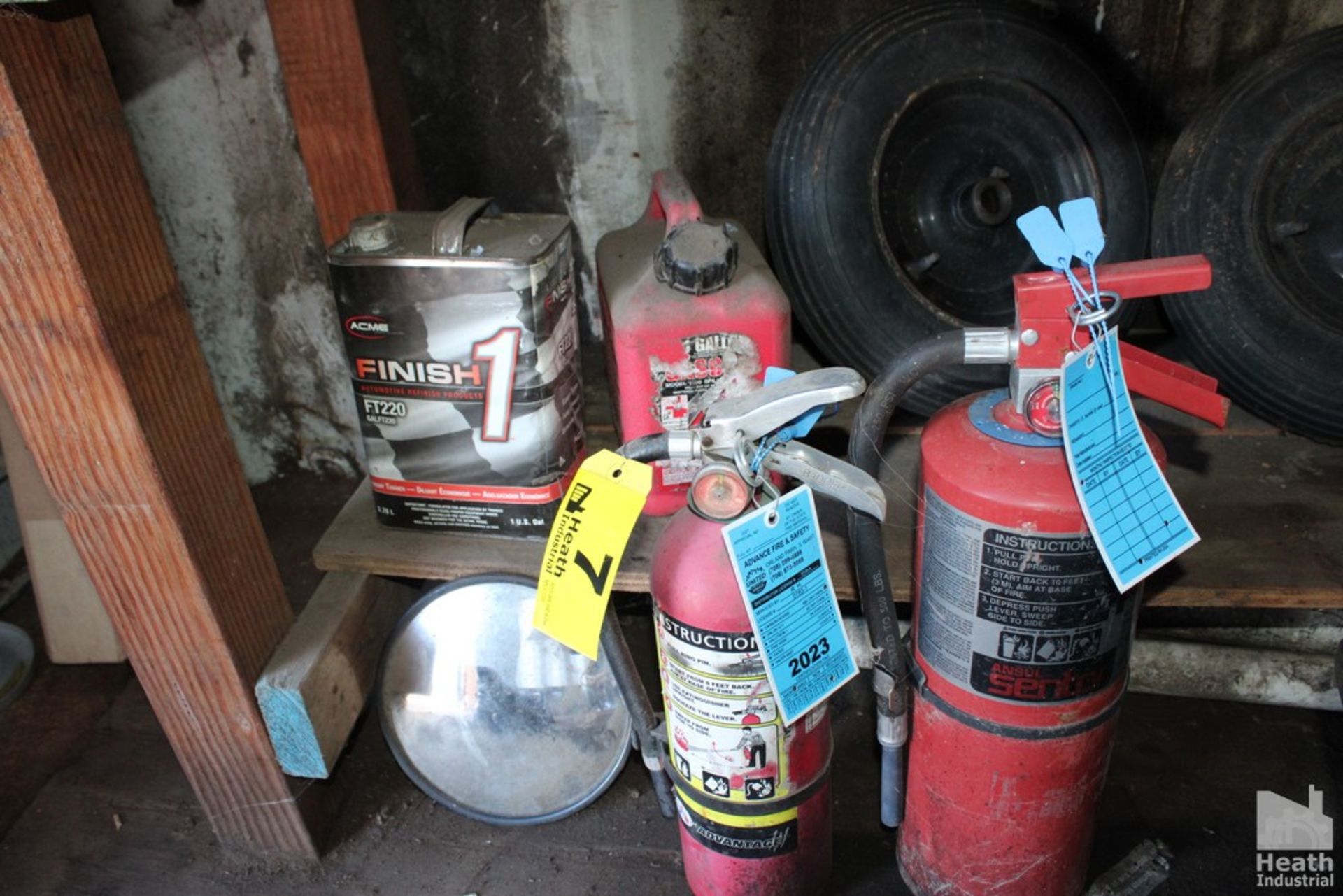 CONTENTS UNDER BENCH, INCLUDING FIRE EXTINGUISHERS, MIRROR, TIRES - Image 3 of 3