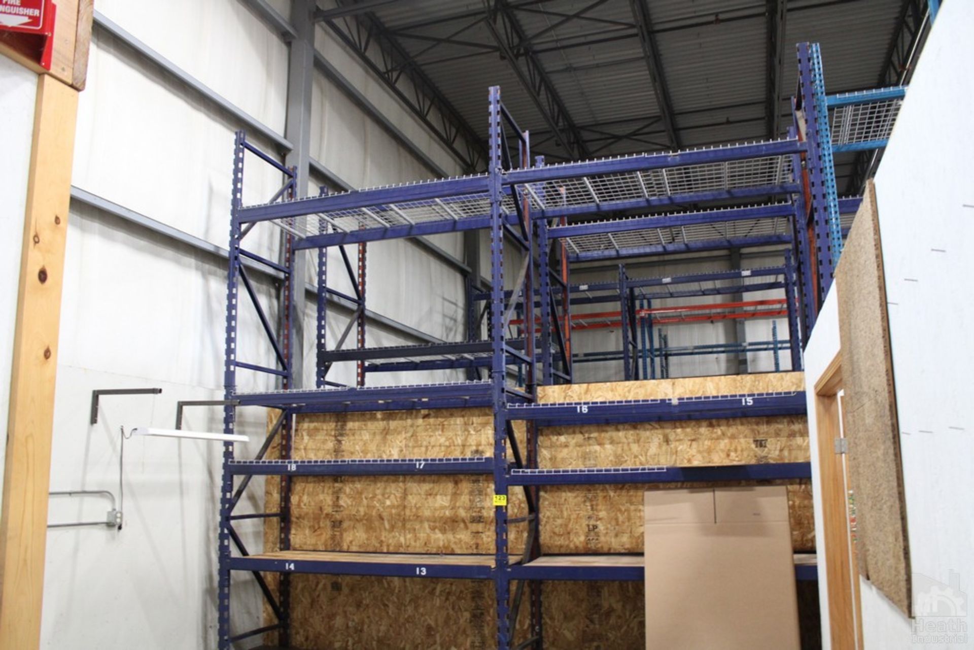 (2) SECTIONS OF HOOK STYLE PALLET RACK, WITH WIRE DECKING AND PLYWOOD, 8' X 40" X 16' HIGH