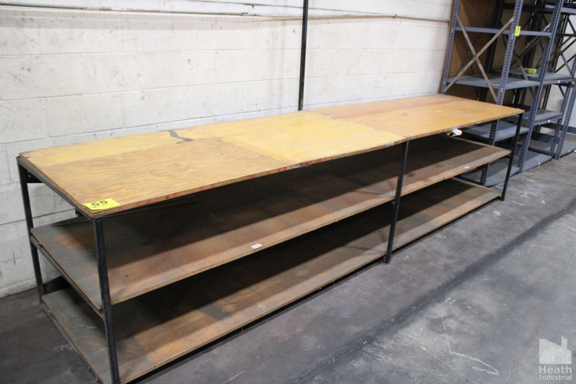 STEEL SHOP TABLE WITH WOOD TOP AND AERO-MOTIVE MODEL RB4 BALANCER, 12' X 33" X 33"