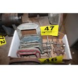 (7) ASSORTED C-CLAMPS AND (2) LATHE DOGS IN BOX