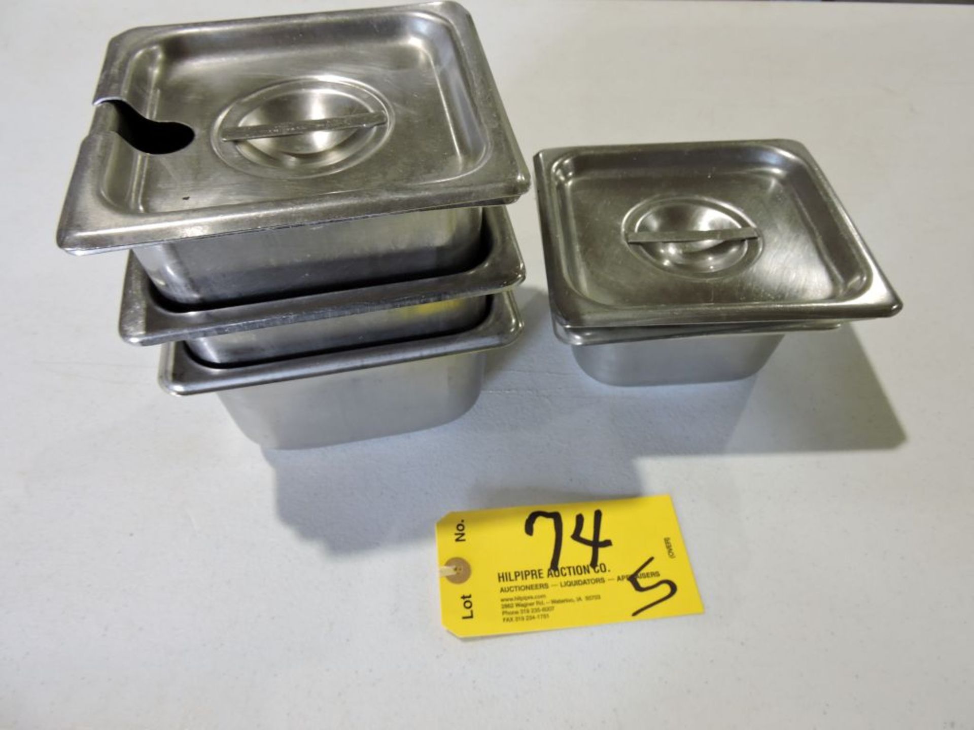 Stainless steel steam table pans, 5 x 4 1/2".