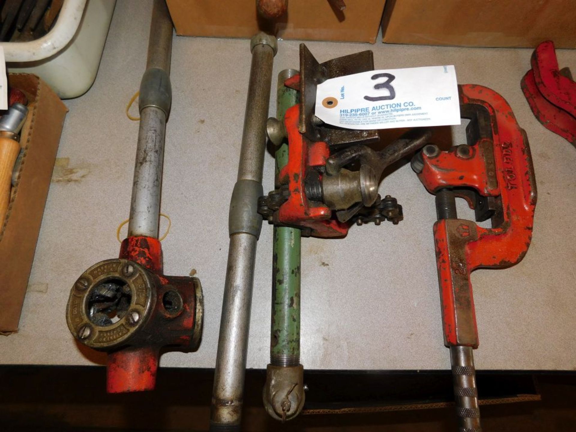 Ridgid pipe vise, Toledo pipe cutter, Pipe die w/handle.