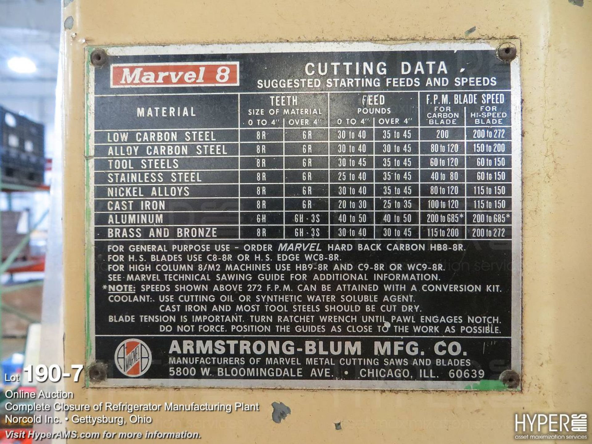 Armstrong-Blum Marvel 8 vertical bandsaw - Image 8 of 10