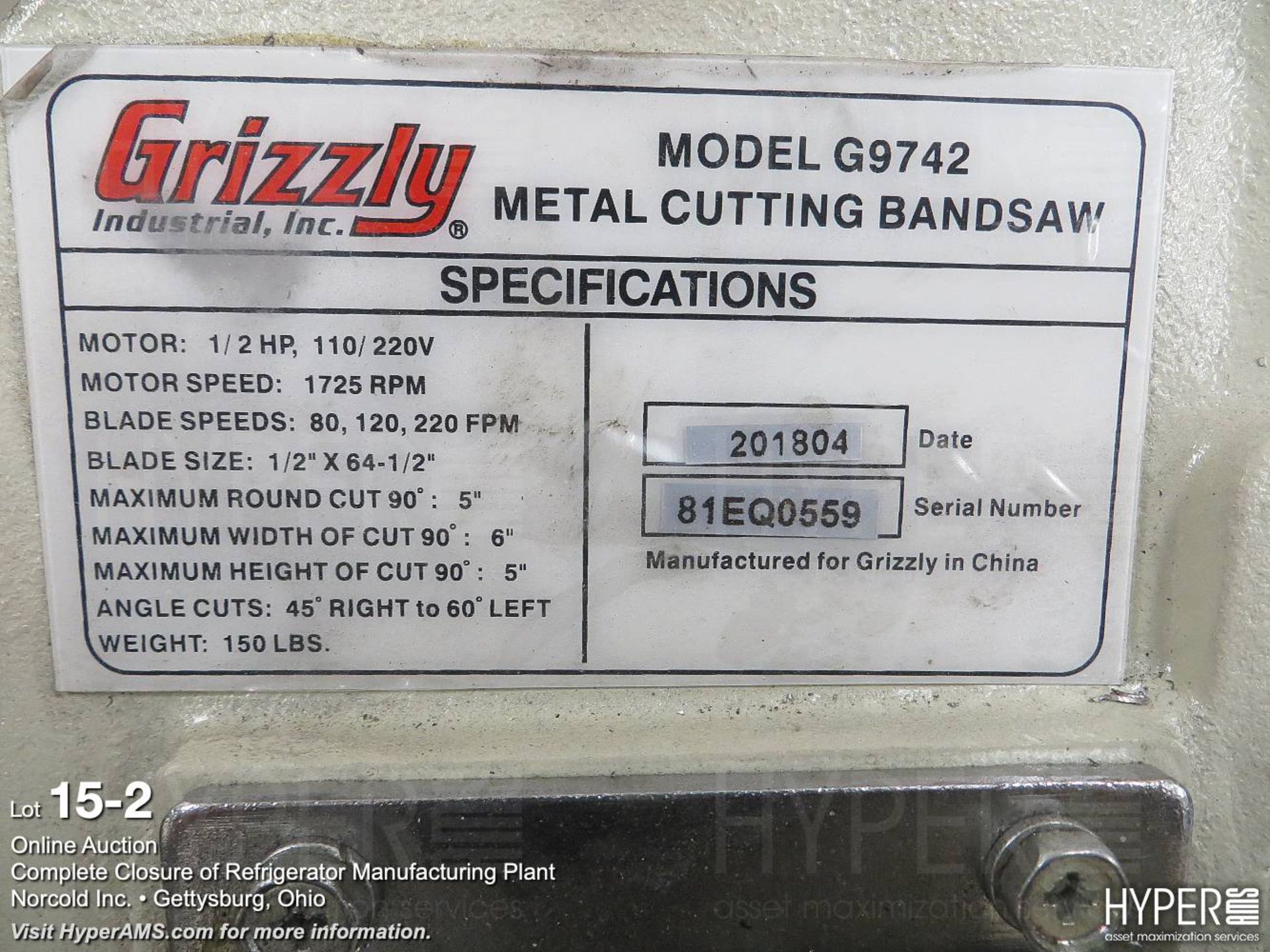 Grizzly horizontal bandsaw G9742 - Image 3 of 3