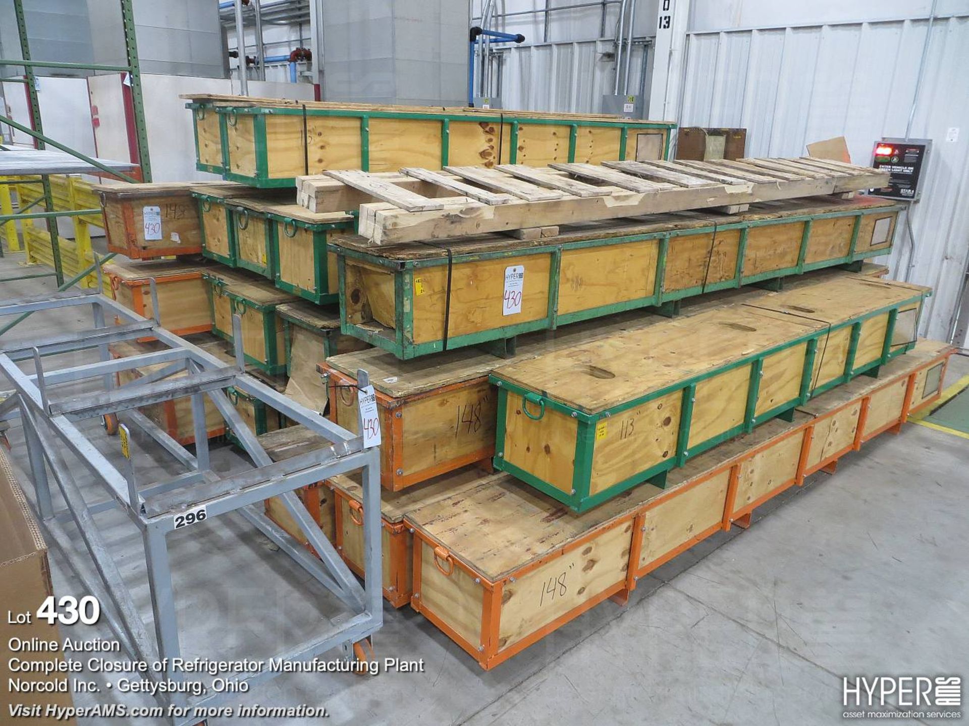 (lot) approx 22 wood crates with steel frames