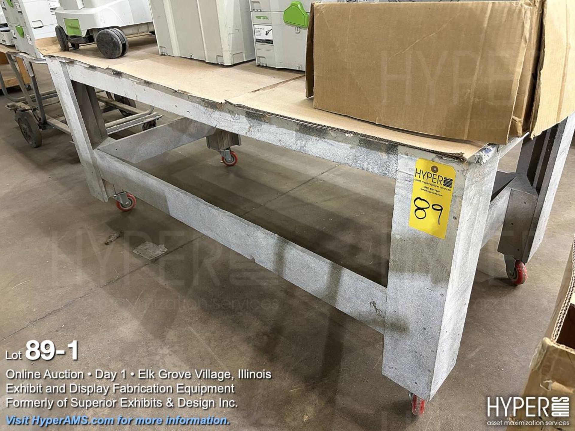 5' steel frame cart and (2) roll around wood table