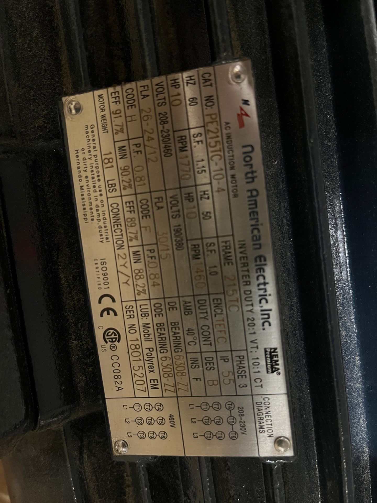 NORTH AMERICAN ELECTRIC AC INDUCTION MOTOR, 10HP MOTOR, 1,770 RPM, 208-230/460V, 215T FRAME (PAPER - Image 2 of 2