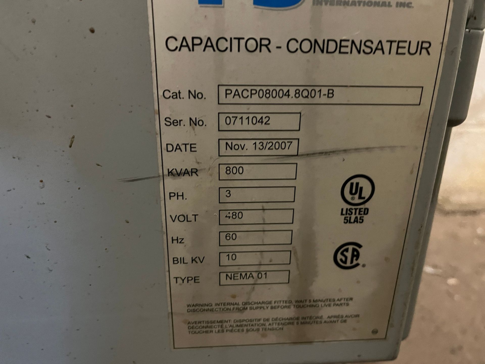POWER SURVEY CAPACITOR BANK CAT # PACP08004.8Q01-B, 480V (CUT WIRE 6" FROM PANEL) (DEINKING - Image 4 of 4