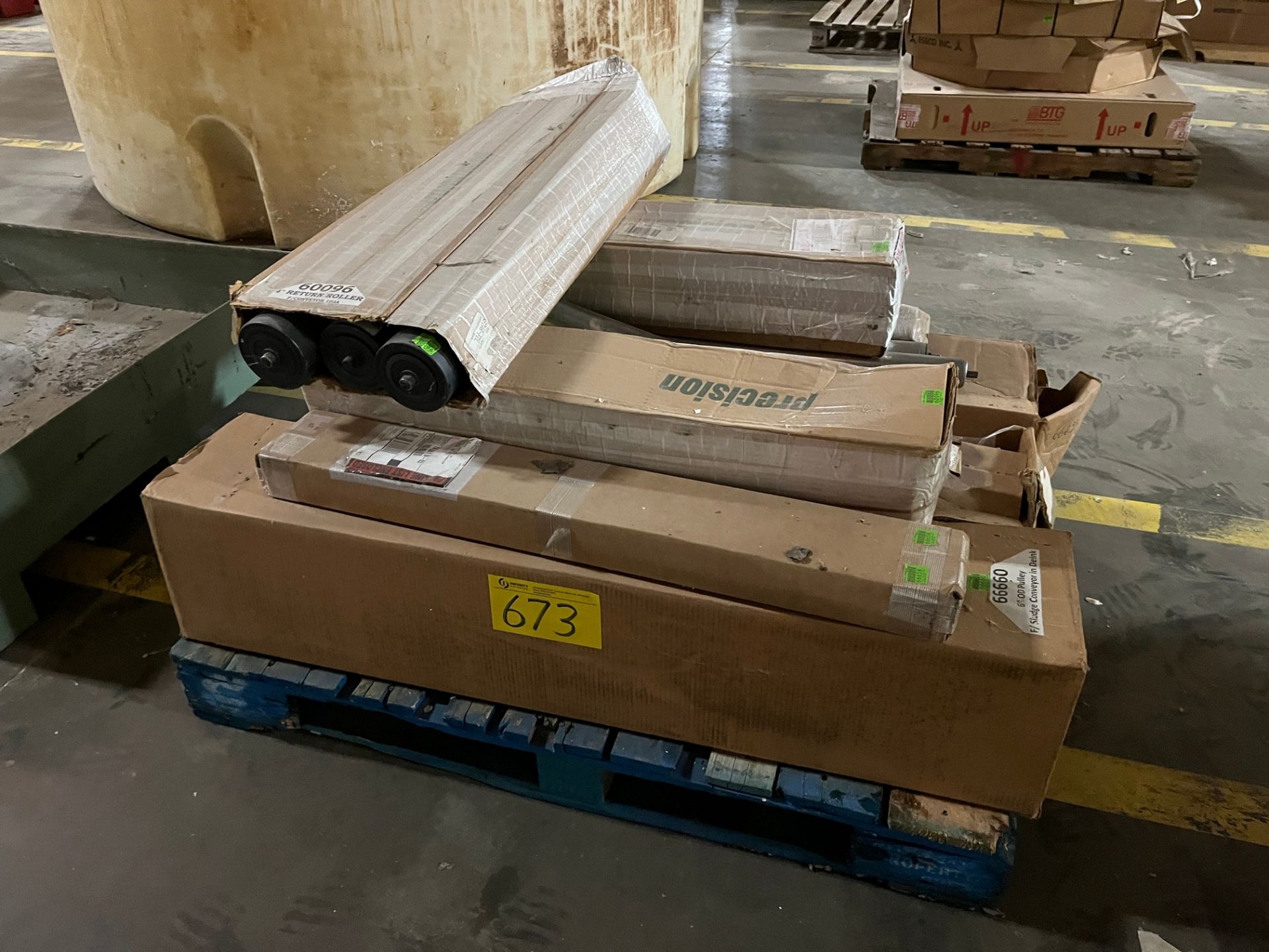 PALLET OF PRECISION ROLLERS (4" RETURN ROLLER, 6" O/D PULLEY, 2" ROLLER ASSEMBLIES CONVEYORS, 2-1/8"