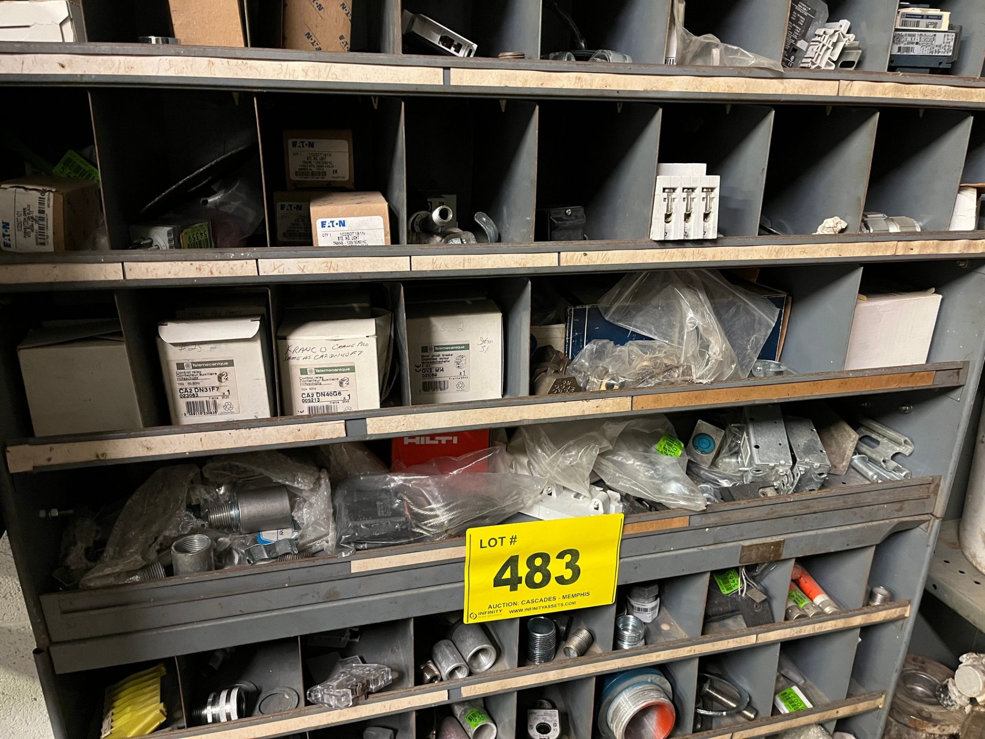 LOT OF (2) APPROX. 60-SLOT PIGEON HOLE CABINETS W/ ELECTRICAL PARTS (MAINTENANCE AREA PMB) - Image 4 of 6